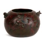 A Japanese bronze censer with applied auspicious symbols all over, painted mark to the underside.