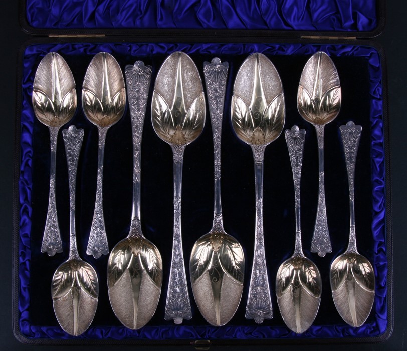 A set of silver (later chased) dessert spoons with four large serving spoons with all over - Image 2 of 2