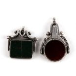 A folding silver fob pocket watch key, Birmingham 1901, set with bloodstone and agate; together with