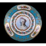 A Sevres jewelled cabinet plate with central portrait of Princess de Lamballe, with paper retail