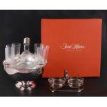 A silver plated St Hilaire liqueur set, boxed; together with a matching condiment set, boxed.