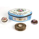 A continental oval brass trinket box, the with inset portrait miniature. 9cm (3.25 ins) wide
