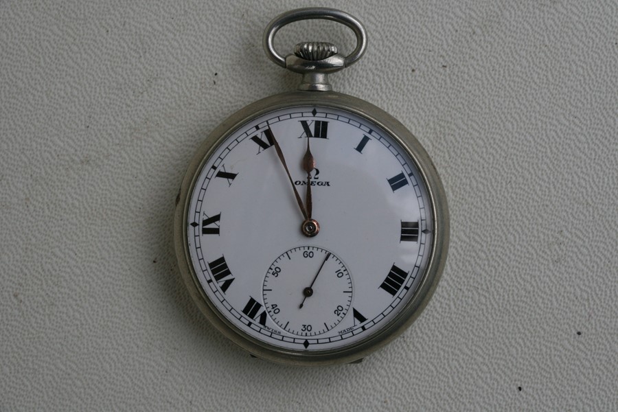 An Omega open faced pocket watch, the white enamel dial with Roman numerals and subsidiary seconds - Image 2 of 5