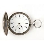 A silver full hunter pocket watch, the white enamel dial with Roman numerals and subsidiary