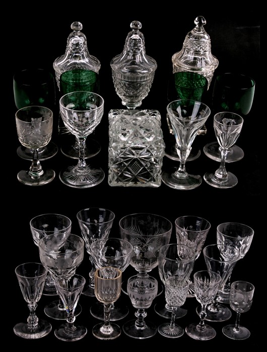 Three cut glass urns and covers; together with a cut glass trinket box and a quantity of drinking