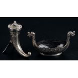 A Norwegian silver Viking longboat mustard and similar pepper in the form of a horn (2).