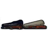 A vintage two-pieced backed violin and bow in wooden carry case; together with a modern example with