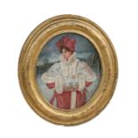 Victorian school - an oval portrait of a woman wearing a fur trimmed cape and muff, oil on canvas