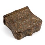 A 19th century Ottoman brass cartridge box with belt attachment, decorated with birds and foliate