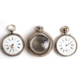 Two silver cased open faced pocket watches, the white enamel dials with Roman and Arabic numerals