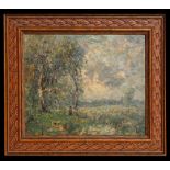 Impressionist school - Figure in a Woodland Scene - initialled lower right, oil on board, framed, 30