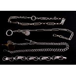 Three silver plated Albert pocket watch chains; together with a silver bracelet (4).