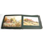 A folio containing early 20th century watercolour paintings depicting landscapes and coastal scenes,