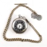 A silver half hunter pocket watch and chain.