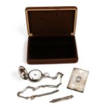 A silver cased full hunter pocket watch and Albert chain; together with a silver pencil and silver