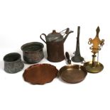 Two Eastern copper bowls; together with a brass pan and other items.
