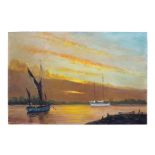 W F Burton (20th century British) - Quiet Evening, Boats at Sunset - signed lower right, oil on