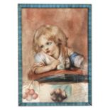 After Jean Baptiste Greuze - Girl with an Apple - watercolour, framed & glazed, 16.5 by 24cms (6.5