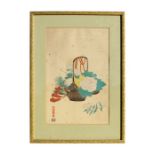 A Japanese coloured woodblock print depicting flowers in a basket, framed & glazed, 24 by 37cms (9.5