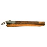 A silver handled camel whip with leather covered shaft and leather strop, 42cms (16.5ins) long
