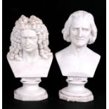 A pair of bisque busts in the form of Haendel and Liszt, one marked KPM, 19cms (7.5ins) high
