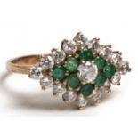 A 9ct gold emerald and white sapphire cluster ring, approx UK size 'L'.