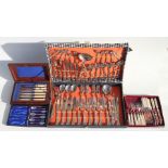 A Victorian mahogany cased set of six pastry knives and forks; together with three boxed sets of