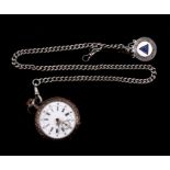 A silver cased open faced pocket watch, the white enamel dial with Roman and Arabic numerals and