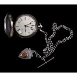 A silver full hunter pocket watch, the white enamel dial with Roman numerals and subsidiary