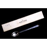 A Georg Jensen silver pyramid pattern preserve spoon in original box, total weight 34g, 17.5cms (