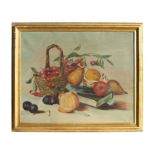 20th century school - Still Life of Fruit in a Basket - oil on canvas, framed, 50 by 39cms (19.5