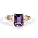 A 9ct gold ring set with a large square cut amethyst and diamond set shoulders, approx UK size 'O'.