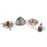 A silver pin dish; together with a silver salt; a silver mounted snuff bottle and other items.