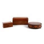 A Victorian Tunbridgeware tumbling block design box, 15cms (6ins) wide; together with a walnut