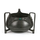 An Orivit Art Nouveau pewter three-handled fruit bowl decorated with stylised leaves and green
