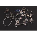 A quantity of silver jewellery in a small jewellery box, to include rings, bracelets and brooches.