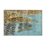 A Middle Eastern / Ottoman unframed watercolour depicting a naive marine and land battle scene, 36