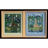 A pair of African Tinga Tinga paintings, one signed 'M Hapela' the other 'Rajabu', framed &