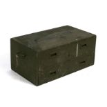 A green painted military chest with two long drawers, 64cms (25ins) wide.