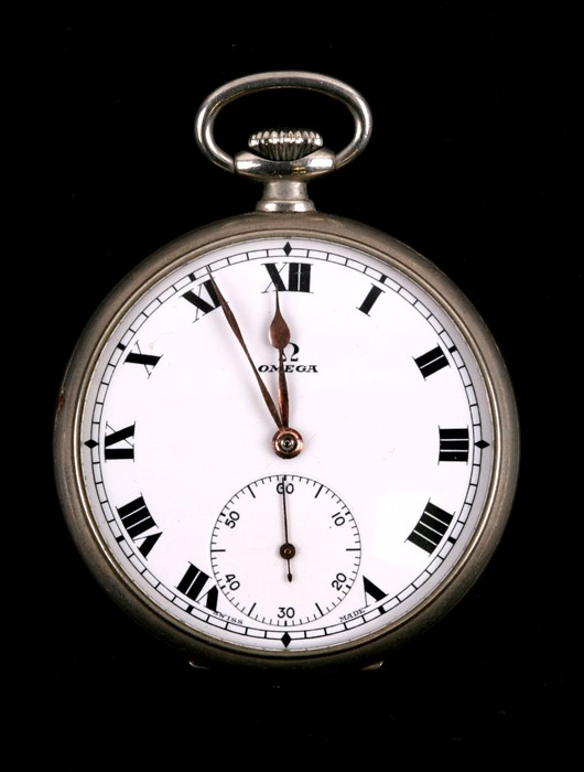 An Omega open faced pocket watch, the white enamel dial with Roman numerals and subsidiary seconds