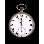 An Omega open faced pocket watch, the white enamel dial with Roman numerals and subsidiary seconds