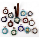 Eleven silver and enamel open faced fob watches; together with three similar wristwatches.