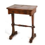 A Victorian rosewood work table with single frieze drawer, 54cms (21.25ins) wide.