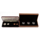 Three George IV silver threepence coins; together with a boxed part set of first issue decimal