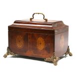 An inlaid mahogany box on brass lion paw feet, 32cms (12.5ins) wide.