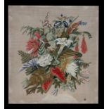 A needlework panel depicting a spray of flowers, 56 by 61cms (22 by 24ins).