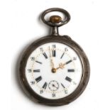 A silver cased open faced pocket watch, the white enamel dial with Roman and Arabic numerals and