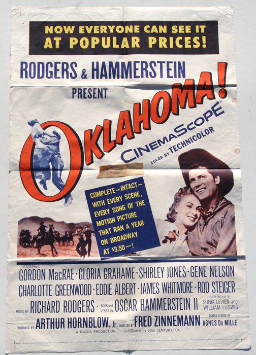 An original vintage movie poster for 'Oklahoma', folded as issued, approx 68 by 102cms (26.75 by