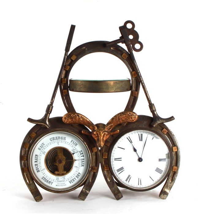 A Victorian desk top clock, barometer, thermometer, of hunting interest, in the form of three - Image 2 of 2