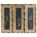 Three Chinese watercolours, depicting figures in landscapes in faux bamboo gilded frames. 10 by 44cm